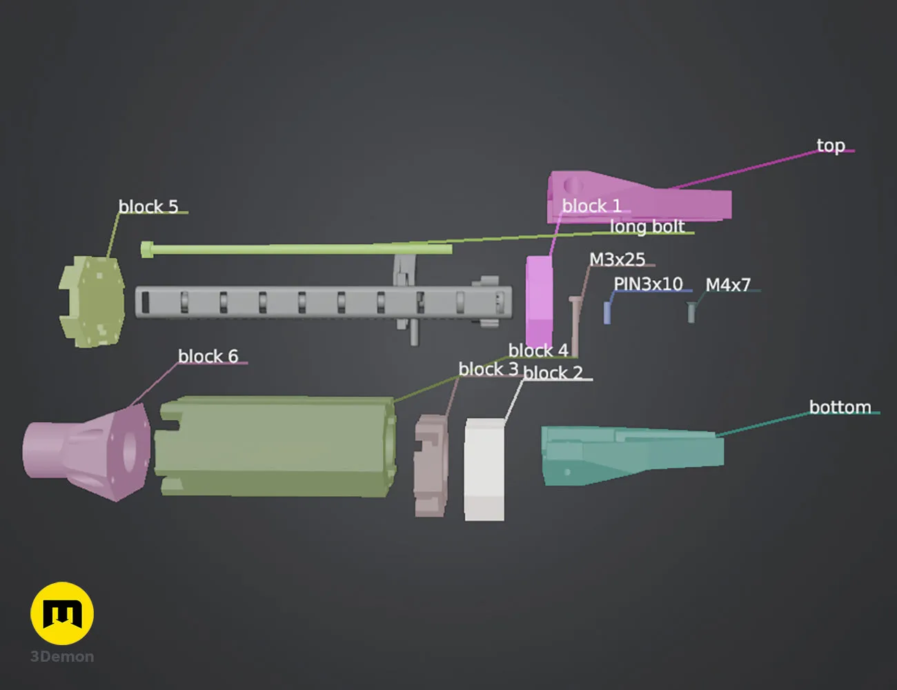 Exploded view of Ma'Tok Jaffa Staff, color-coded parts breakdown for 3D print assembly guide