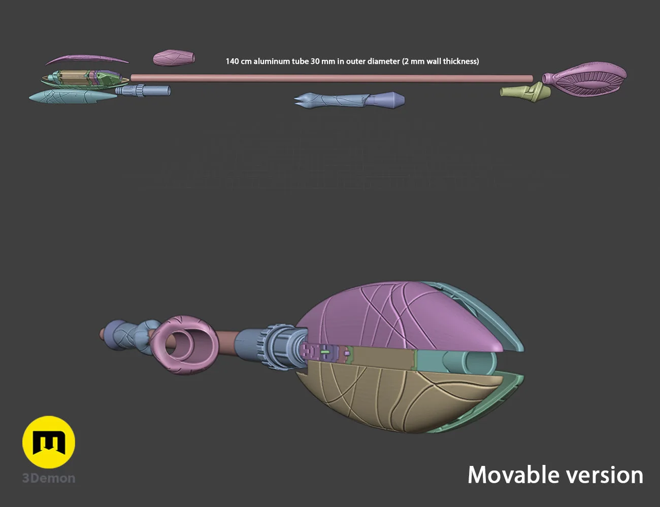 Exploded view of Ma'Tok Jaffa Staff STL, movable version with labeled parts, 3D print cosplay weapon