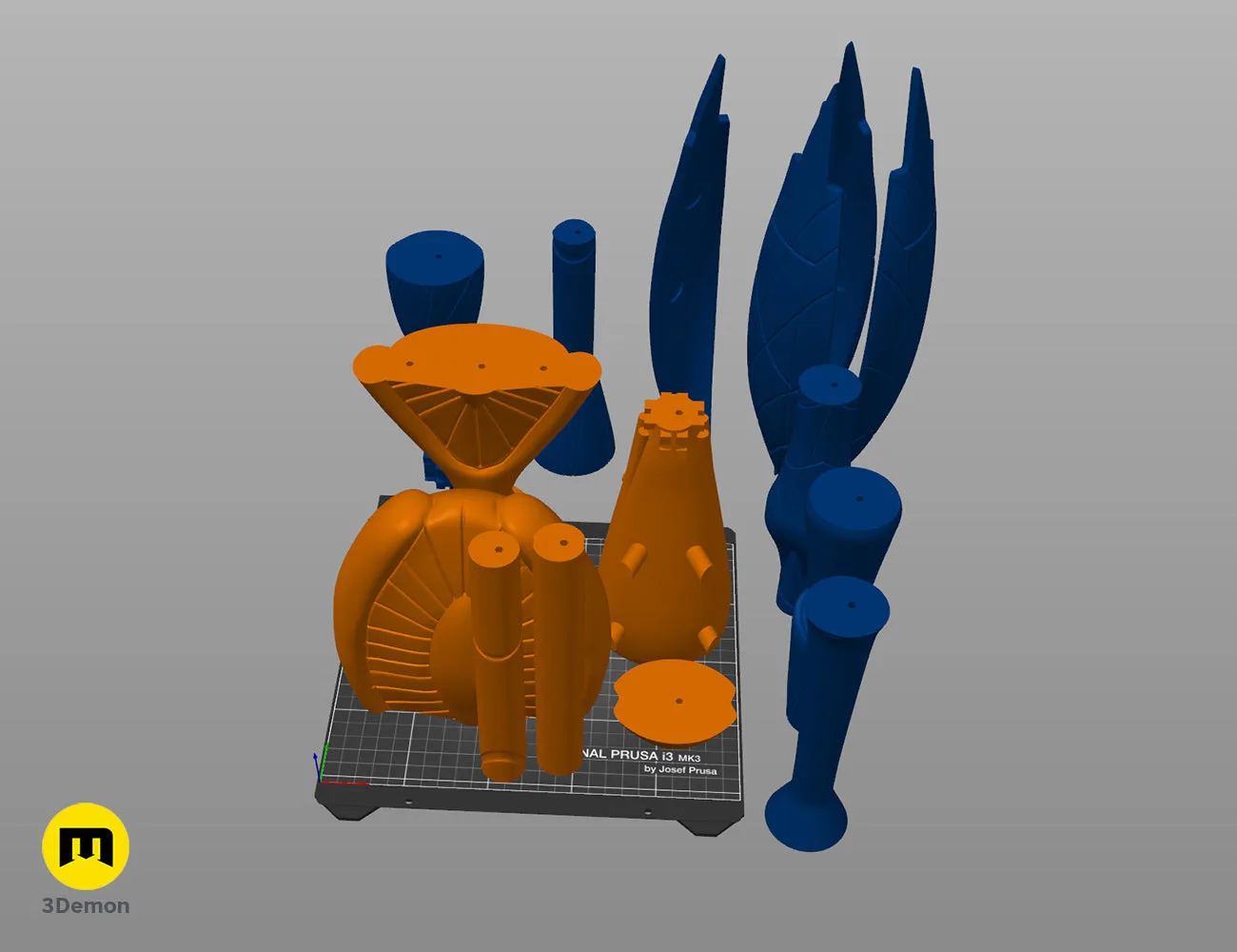 Color-coded parts breakdown of Ma'Tok Jaffa Staff STL, orange/blue assembly guide for 3D print cosplay weapon