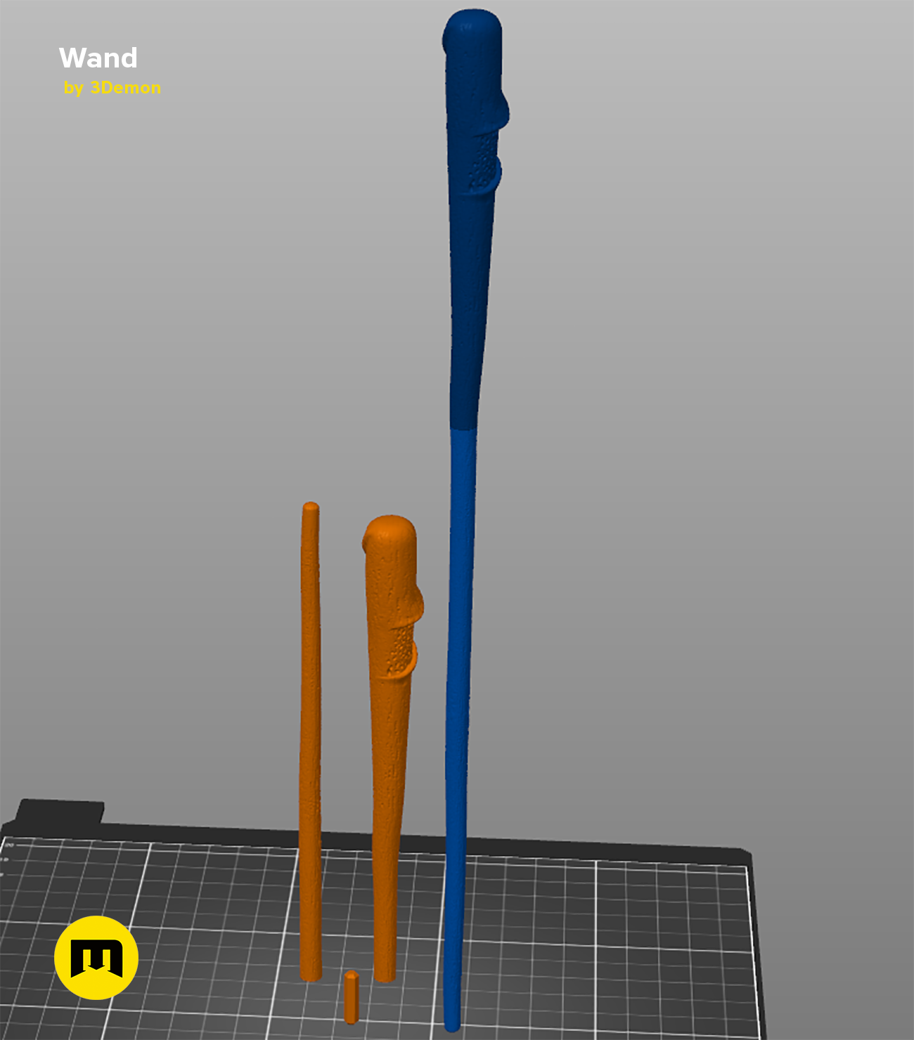 STL preview of Padma Patil's Wand, blue and orange 3D printed cosplay prop, side view