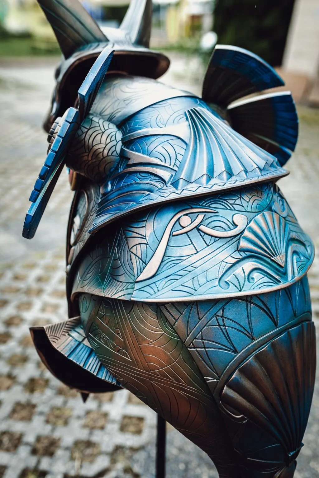 Photo of 3D printed Anubis Helmet, close-up detail showing prop details