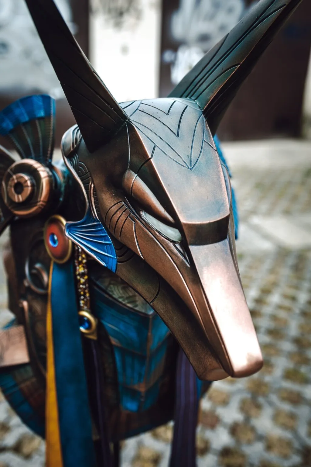Photo of 3D printed Anubis Helmet, front view showing prop details
