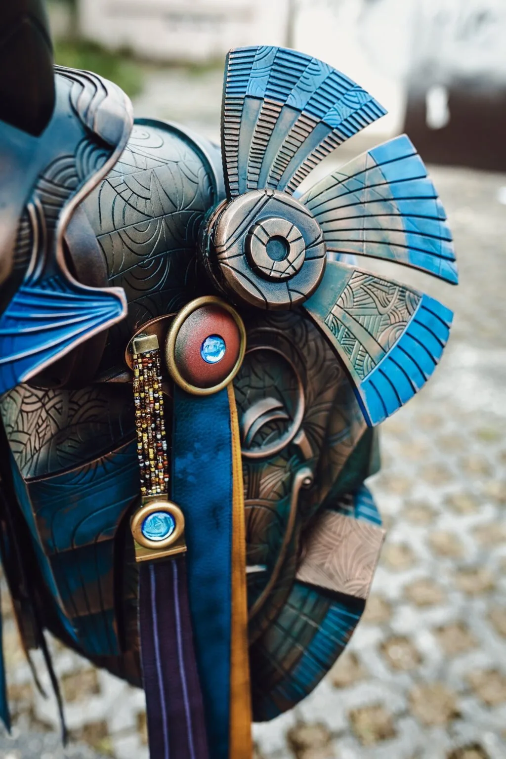 Photo of 3D printed Anubis Helmet, rear view showing prop details