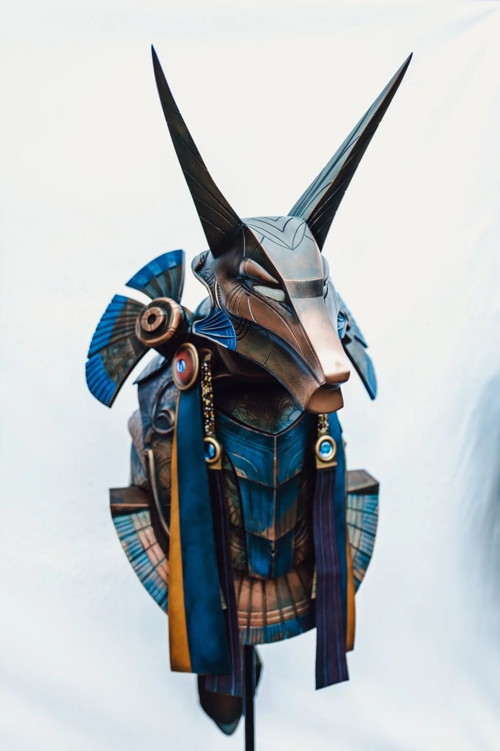 Photo of 3D printed Anubis Helmet, three-quarter view showing prop details