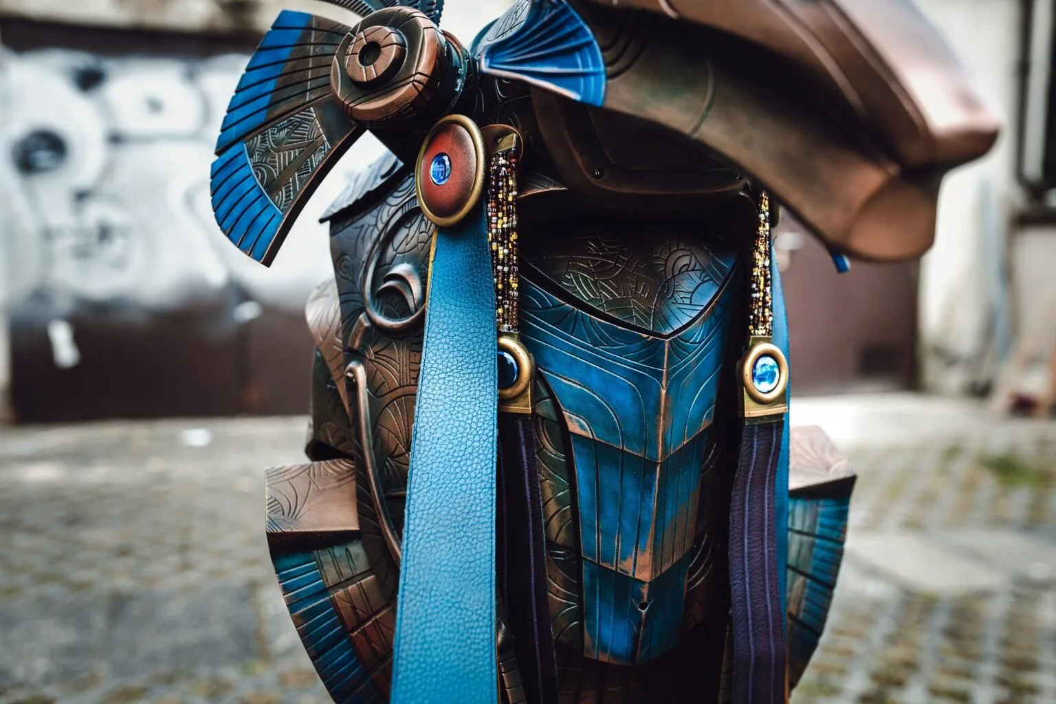Photo of 3D printed Anubis Helmet, three-quarter view showing prop details