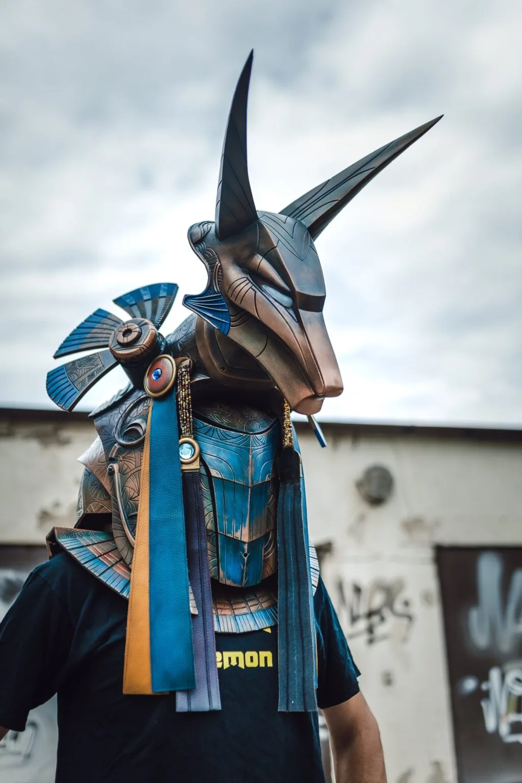 Photo of 3D printed Anubis Helmet, top-down view showing prop details
