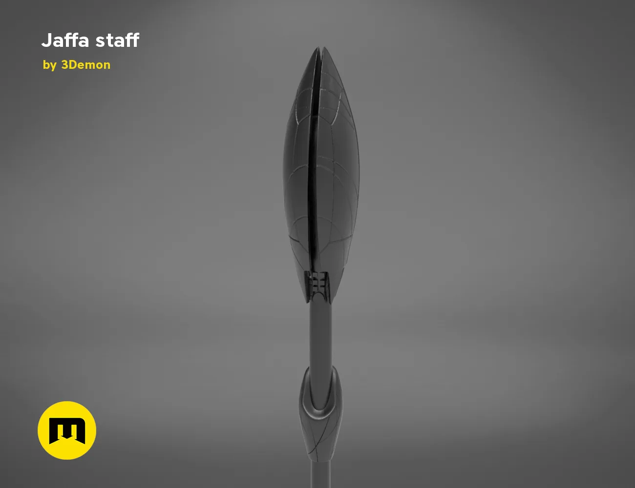 3D model render of Ma'Tok Jaffa Staff, sleek black sci-fi weapon with segmented blade, 3D print cosplay prop