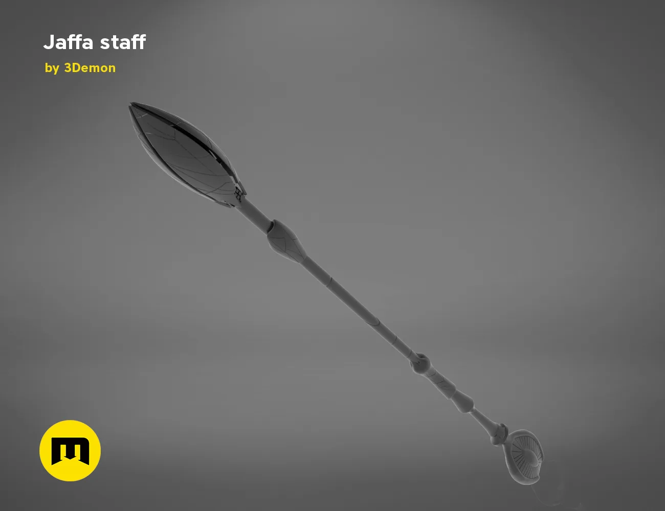 3D model render of Ma'Tok Jaffa Staff, sleek sci-fi weapon with curved blade, 3D print cosplay prop