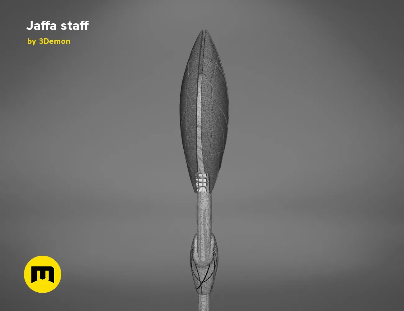 3D model render of Ma'Tok Jaffa Staff, detailed leaf blade and wrapped handle, 3D print cosplay weapon