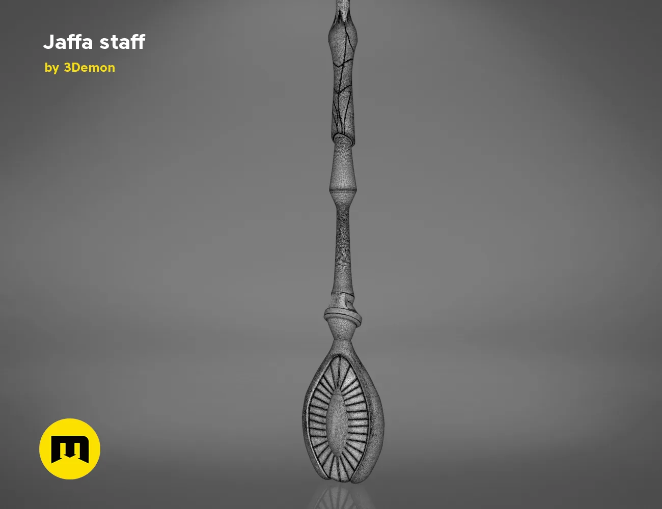 3D model render of Ma'Tok Jaffa Staff, ornate handle and ridged shaft, fantasy 3D print cosplay prop