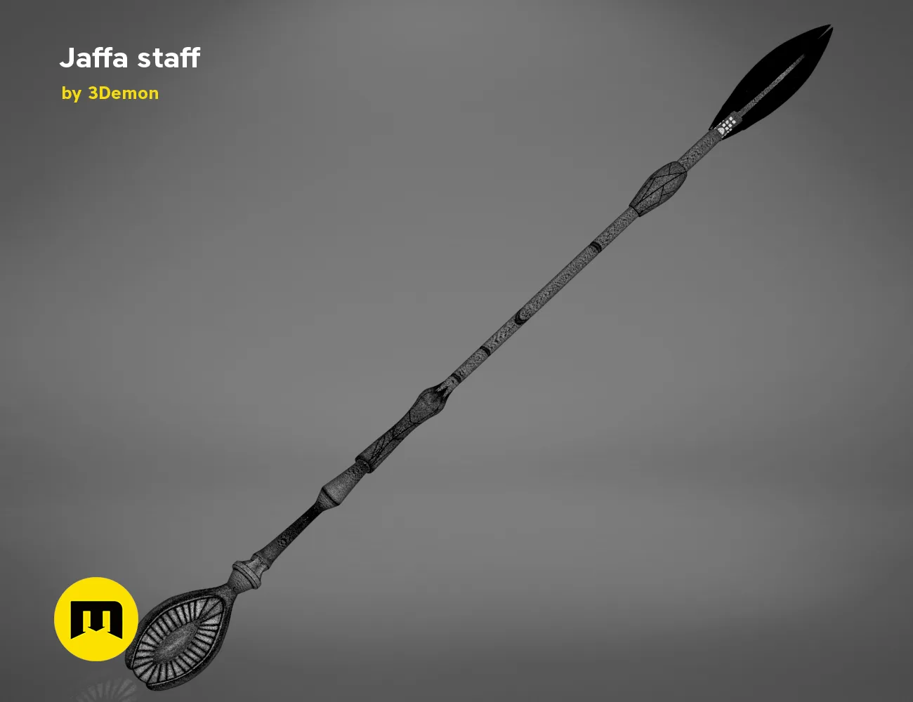 3D visualization of Ma'Tok Jaffa Staff, detailed fantasy weapon with leaf-shaped base, 3D print cosplay prop