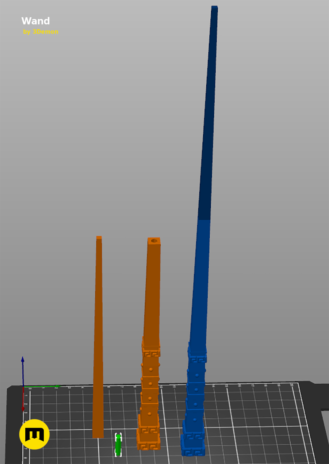 Slicer screenshot of Radulph Spielman's Wand STL, orange/blue assembly on print bed, 3D print cosplay prop