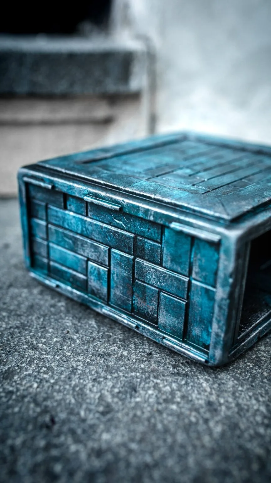Textured 3D render of Box of Pain STL, aged turquoise metal 3D print holder