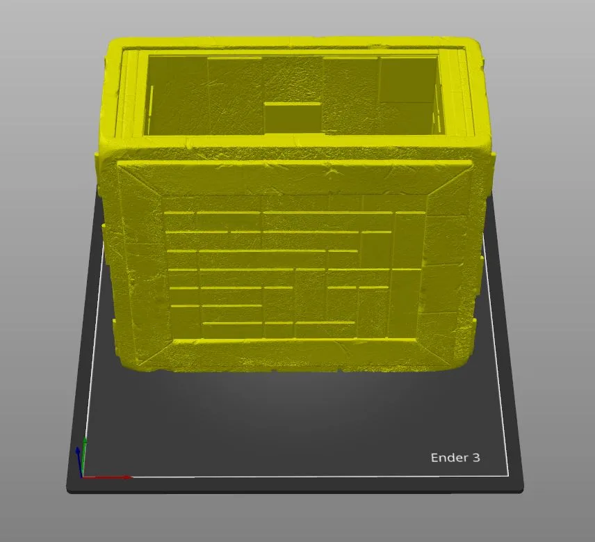 Wireframe mesh render of Box of Pain STL, top view showing grid-like internal structure, 3D print holder