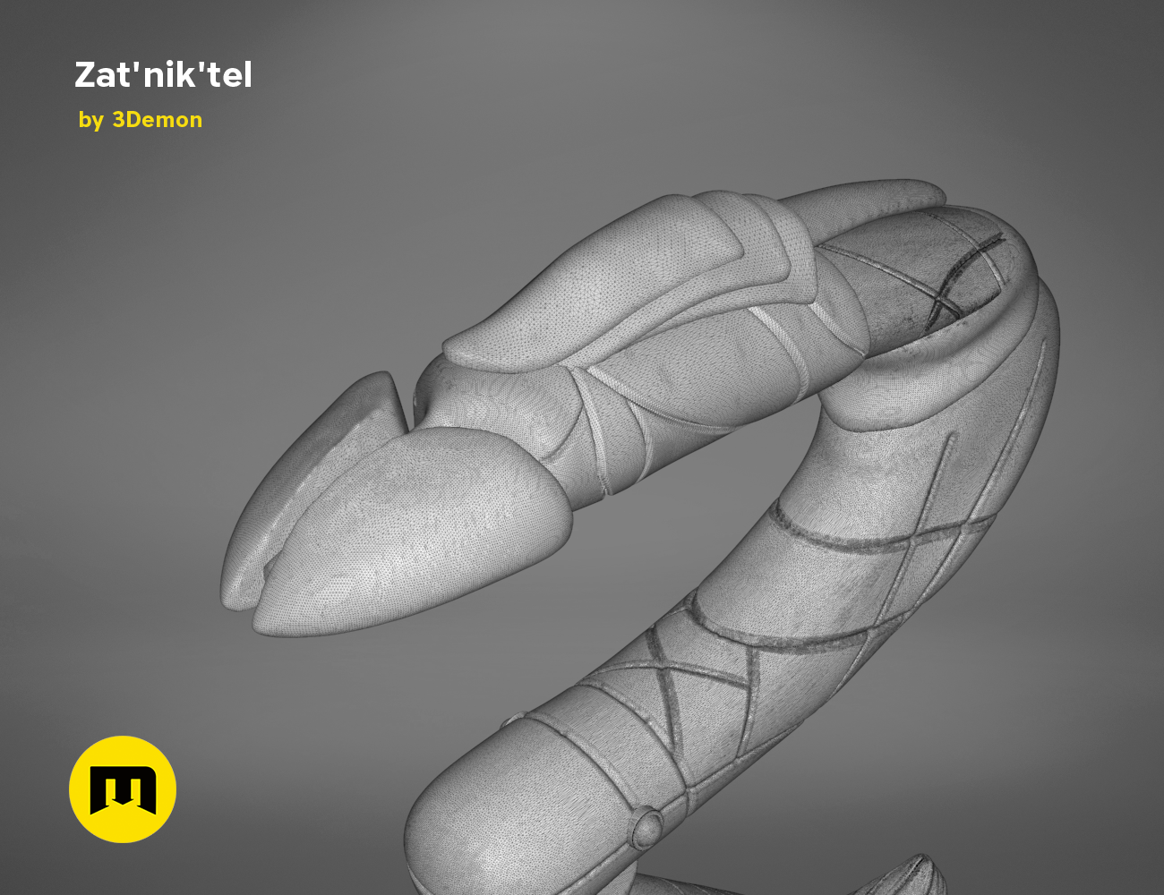 Wireframe mesh render of Zat'nik'tel Gun STL, detailed side polygon structure, futuristic 3D print cosplay prop