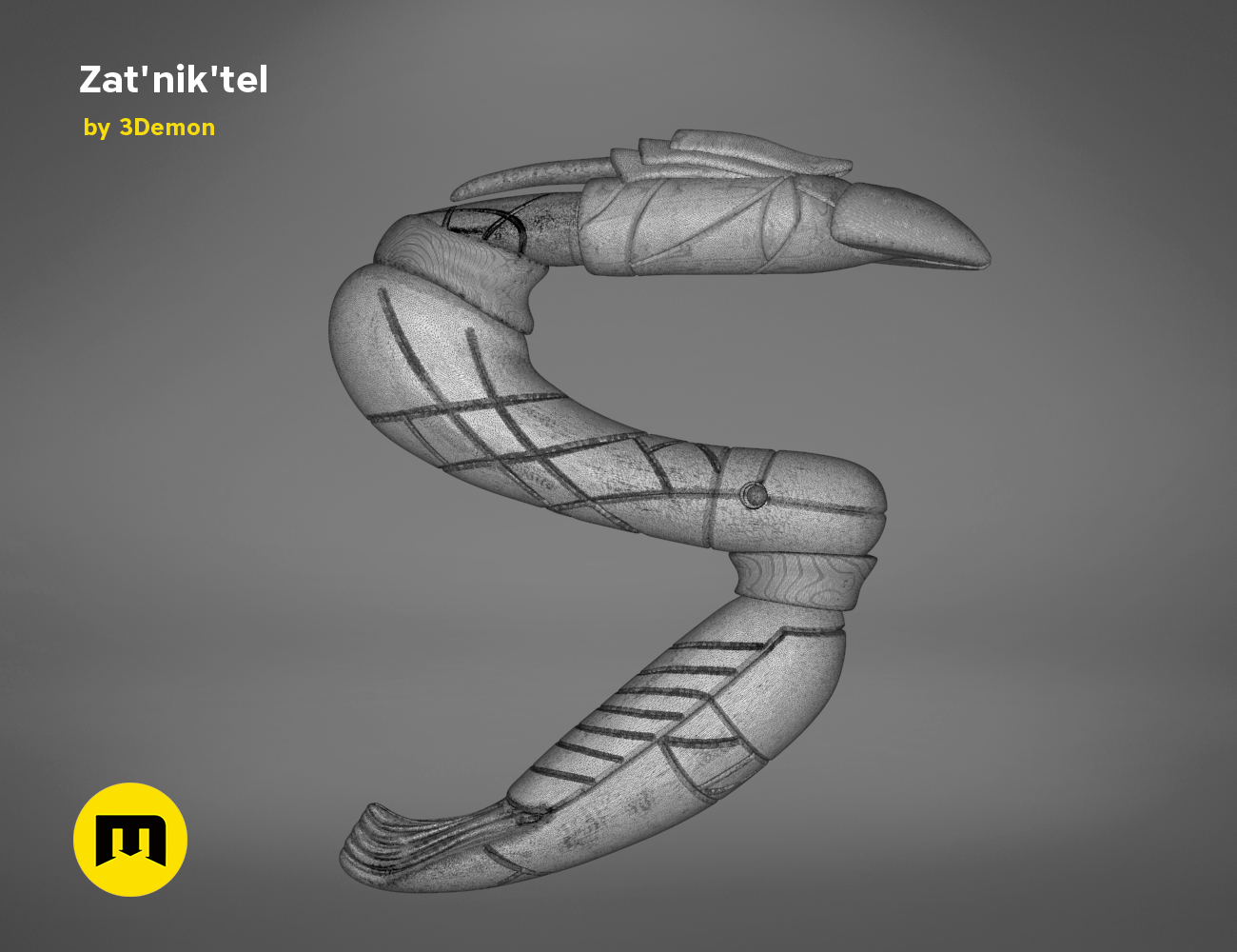Wireframe mesh render of Zat'nik'tel Gun STL, side polygon structure with curved barrel, 3D print cosplay prop