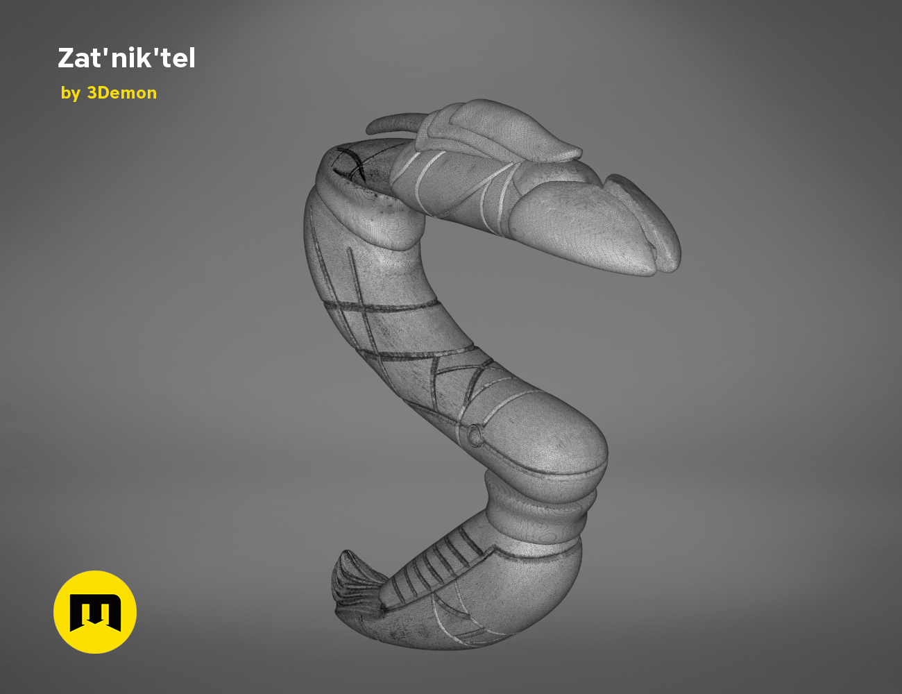 Wireframe mesh render of Zat'nik'tel Gun STL, side polygon structure, futuristic 3D print weapon