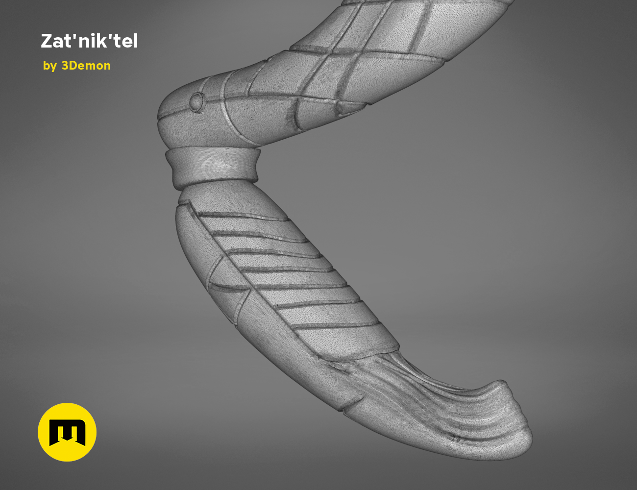 Wireframe mesh render of Zat'nik'tel Gun STL, side polygon structure with grip and barrel detail, 3D print weapon cos...