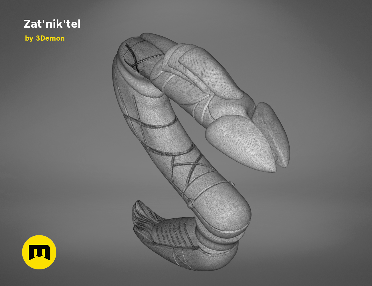 Wireframe mesh render of Zat'nik'tel Gun STL, side polygon structure with articulated barrel, 3D print cosplay prop