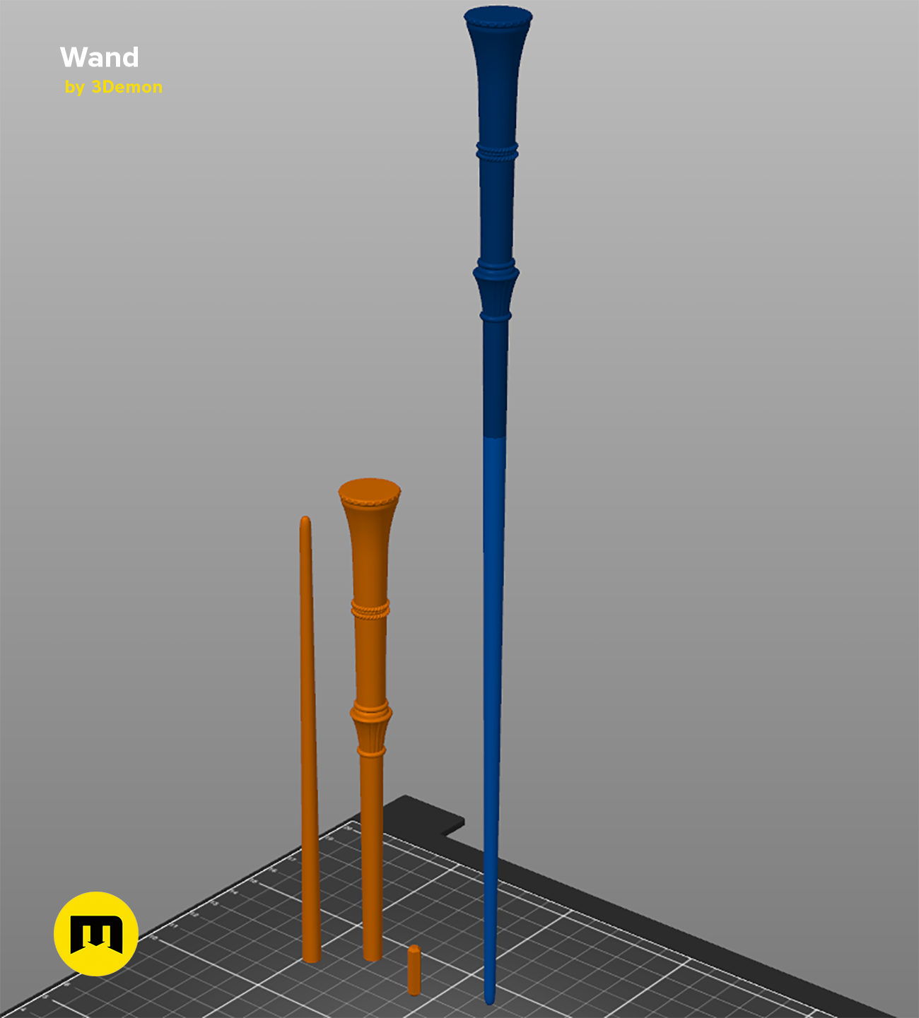 Painted 3D render of Yusuf Kama's Wand, blue and orange 3D printed cosplay prop.