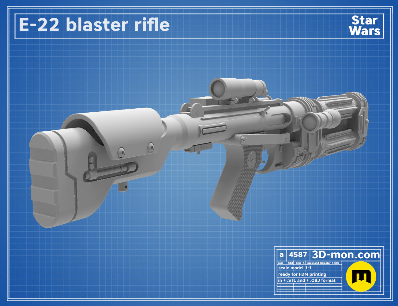 3D model render of E-22 Blaster Pistol, Star Wars cosplay prop, side view STL preview