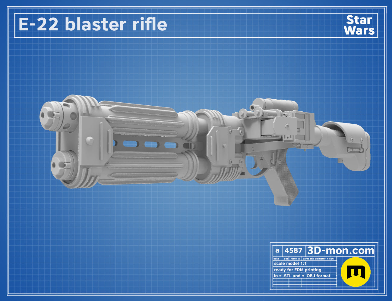 3D model render of E-22 Blaster Pistol, Star Wars cosplay prop, side view STL preview