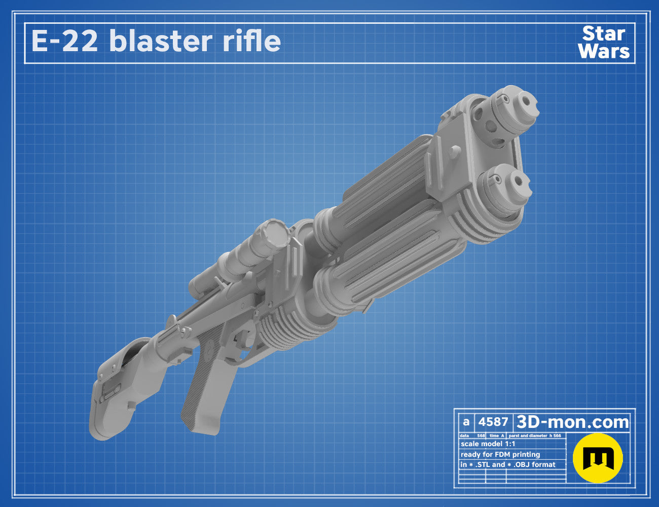 3D model render of E-22 Blaster Pistol, Star Wars weapon, side view STL preview