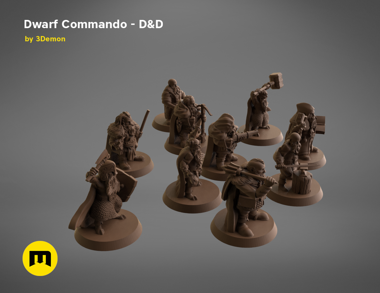 3D visualization of Dwarf Commando - D&D Set, battle-ready dwarves with weapons, fantasy 3D print cosplay prop