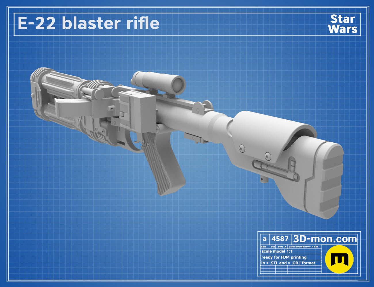 3D visualization of E-22 Blaster Pistol, side view, Star Wars 3D print cosplay prop