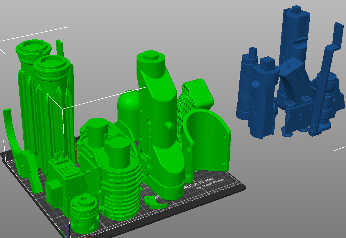 Color-coded parts breakdown of E-22 Blaster Pistol, exploded view, 3D print cosplay prop