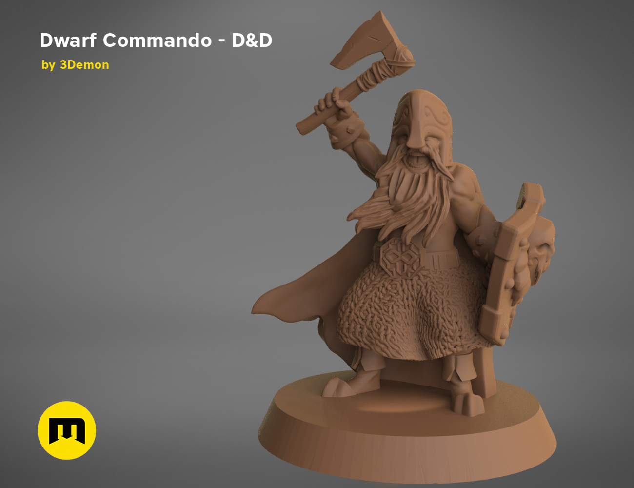 3D visualization of Dwarf Commando - D&D set, battle-ready pose with axe, fantasy collectible figure
