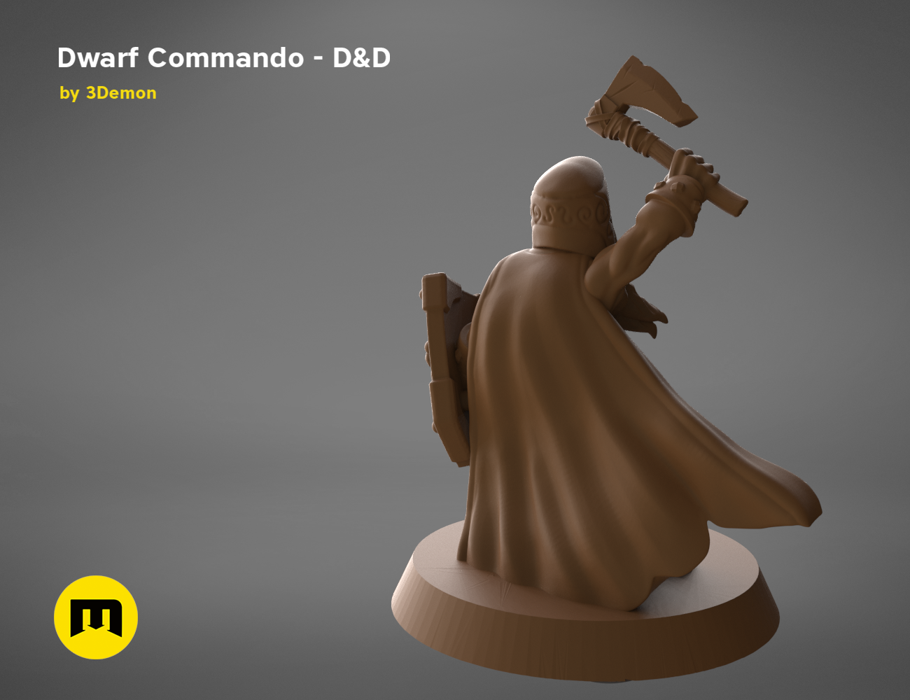 3D model render of Dwarf Commando D&D set, battle-ready pose with axe, fantasy cosplay prop