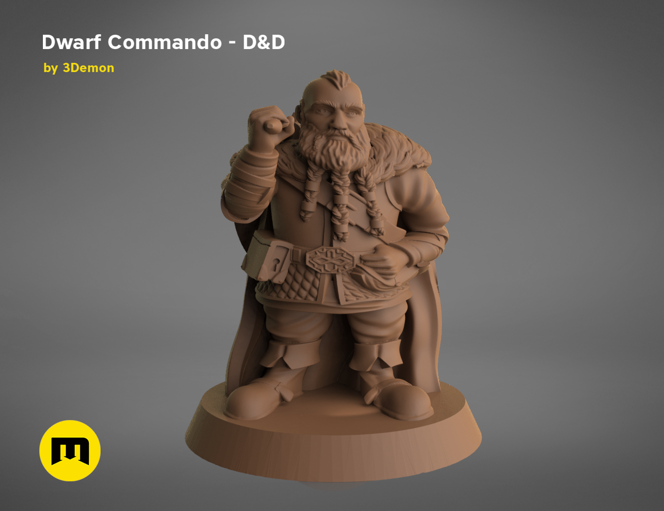 3D model render of Dwarf Commando - D&D collectible figure, detailed armor and beard, fantasy 3D print.
