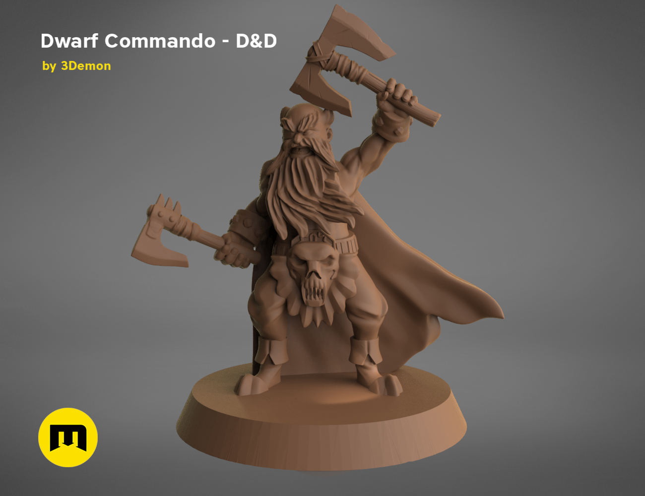 3D model render of Dwarf Commando - D&D set, battle-ready pose with axe and shield, fantasy cosplay prop