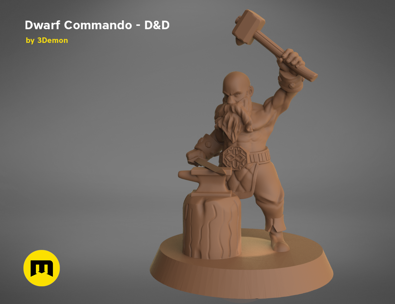 3D model render of Dwarf Commando - D&D set, muscular figure wielding hammer, fantasy cosplay prop