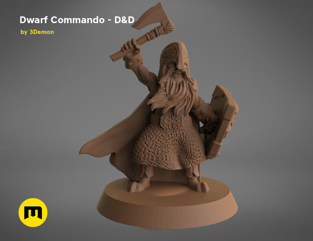 3D visualization of Dwarf Commando - D&D set, battle-ready pose with axe and shield, fantasy cosplay prop