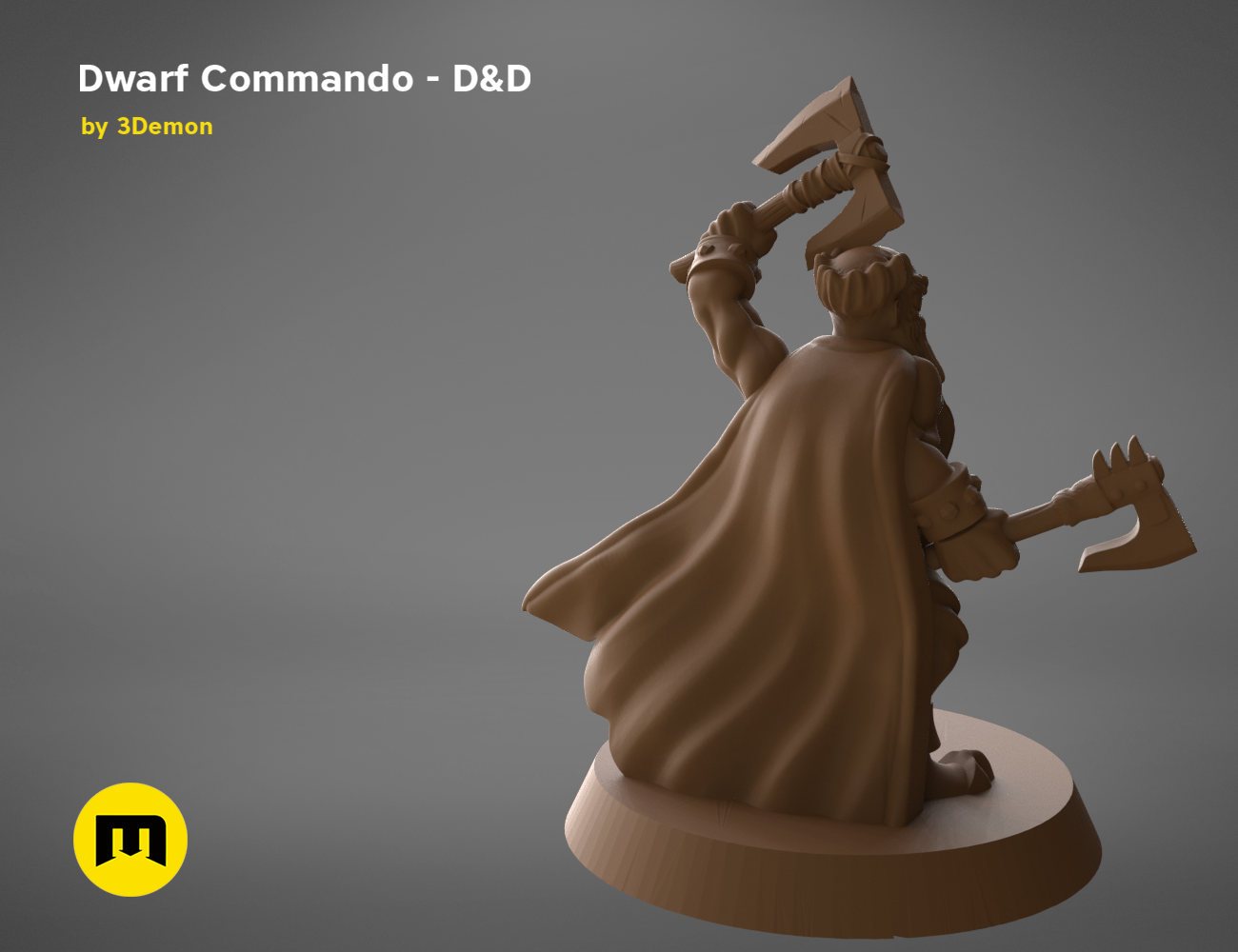 3D model render of Dwarf Commando - D&D set, battle-ready pose with axe, fantasy cosplay prop