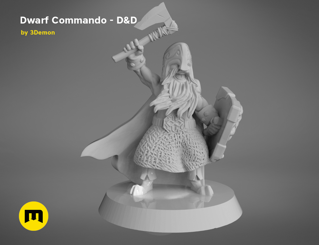 3D model render of Dwarf Commando D&D collectible figure, battle-ready pose with axe and shield.
