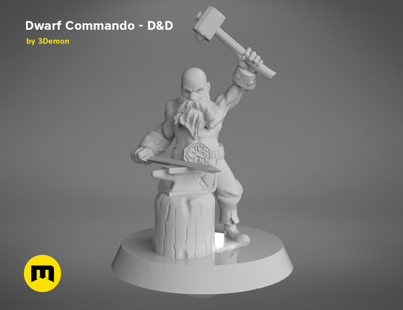 3D model render of Dwarf Commando - D&D set, muscular dwarf wielding hammer and anvil, fantasy cosplay prop