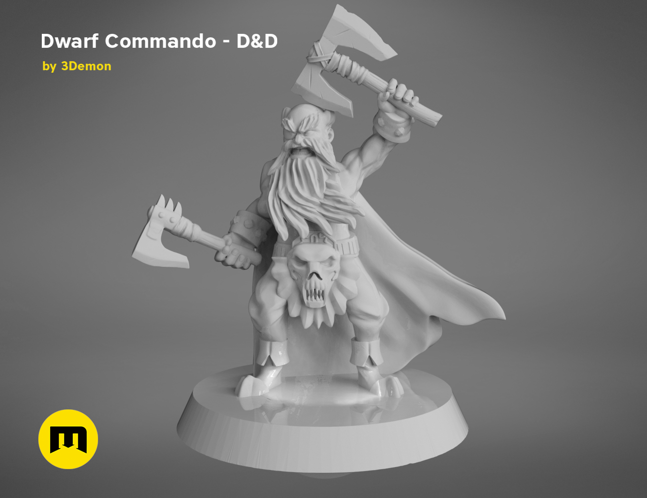 3D model render of Dwarf Commando - D&D set, battle-ready pose with axe and sword, fantasy cosplay prop