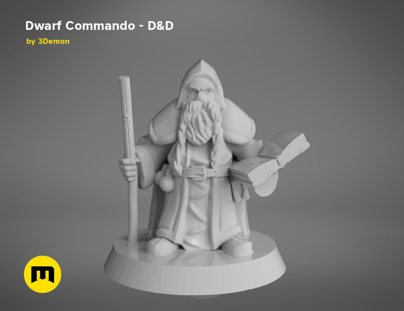 3D model render of Dwarf Commando - D&D collectible figure, holding staff and book, fantasy prop