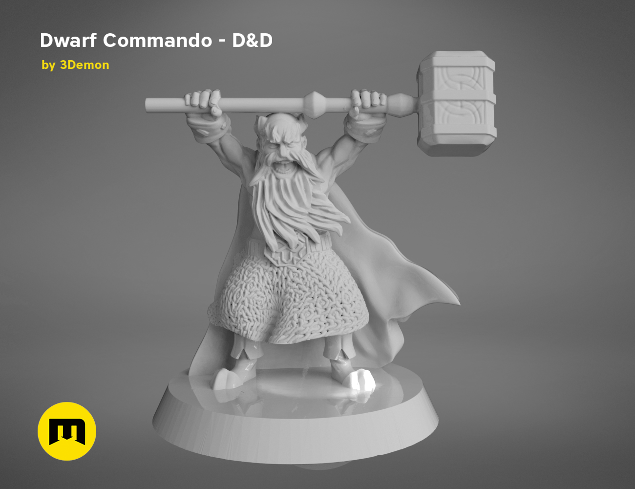 3D visualization of Dwarf Commando - D&D collectible figure, battle-ready pose with warhammer, printable 3D model