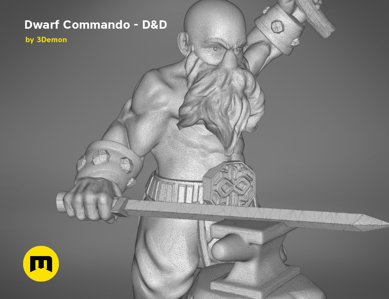Wireframe mesh render of Dwarf Commando - D&D Set, muscular dwarf holding sword and hammer, 3D print cosplay prop