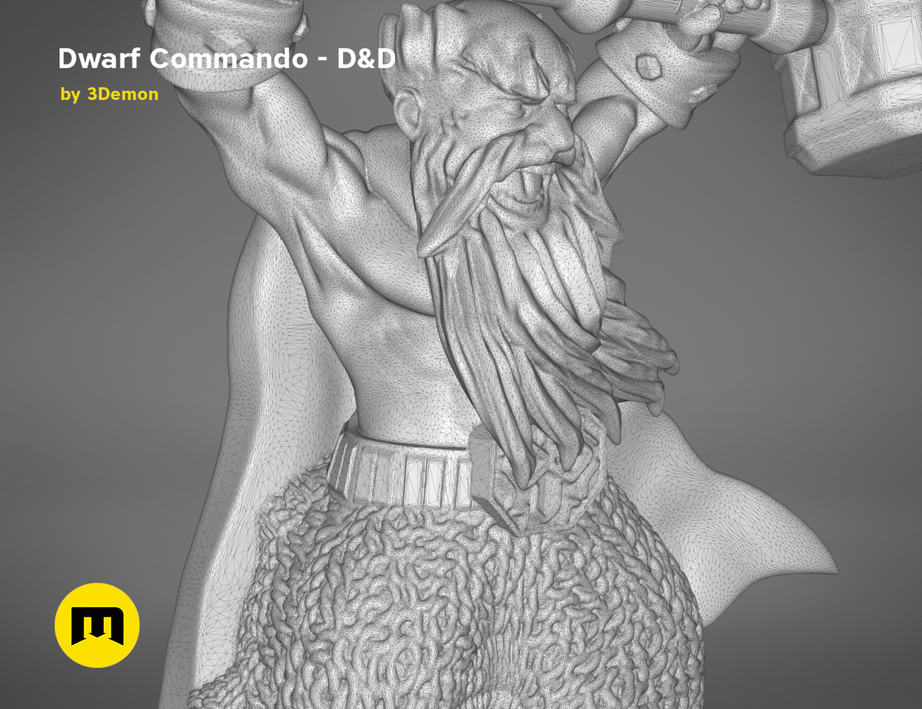 Wireframe mesh render of Dwarf Commando - D&D Set, detailed back mesh with cloak and armor topology, 3D print cosplay...