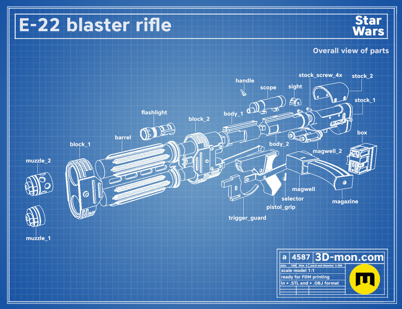 Exploded view of E-22 Blaster Pistol, Star Wars weapon parts breakdown for 3D print assembly