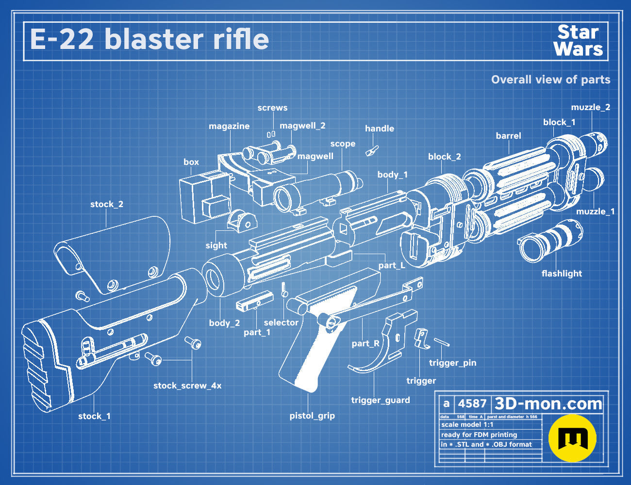 Exploded view of E-22 Blaster Pistol, Star Wars weapon parts breakdown for 3D print assembly guide
