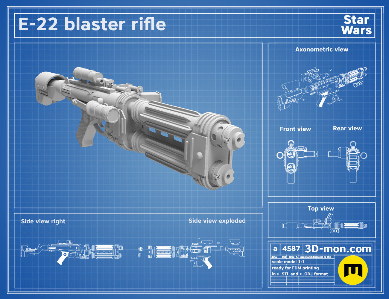 Exploded view of E-22 Blaster Pistol STL, Star Wars weapon assembly guide, 3D print cosplay prop