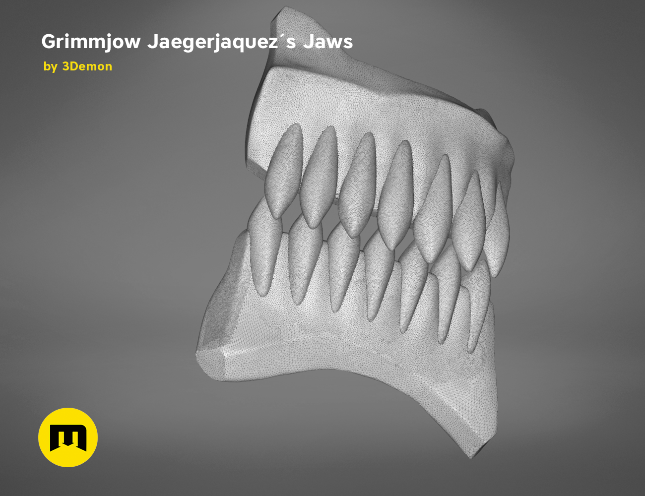 Wireframe mesh render of Grimmjow Jaegerjaquez’s Jaws STL, detailed shark-tooth mesh topology, 3D print cosplay prop