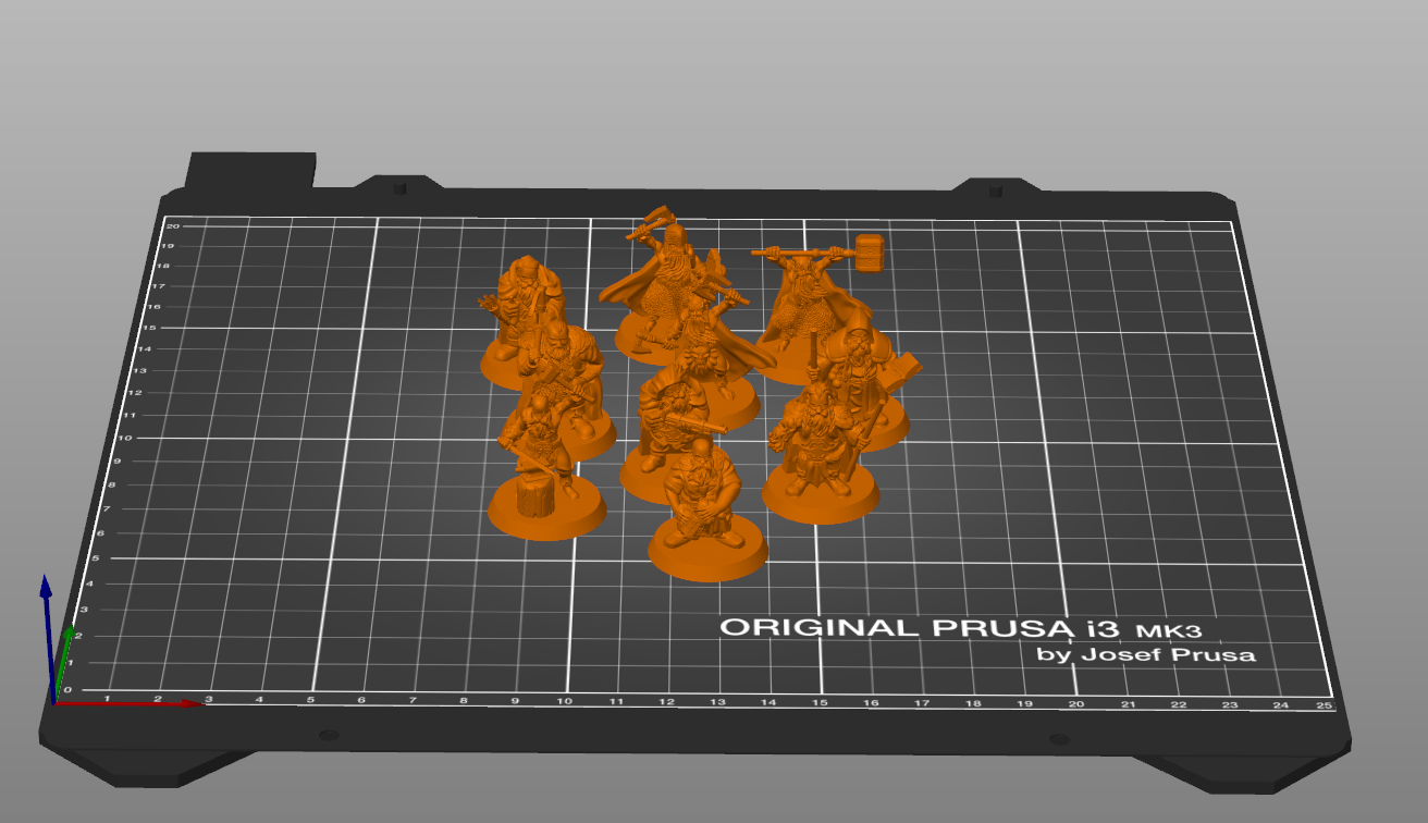 Slicer screenshot of Dwarf Commando - D&D Set STL, orange parts on Original Prusa i3 MK3 bed