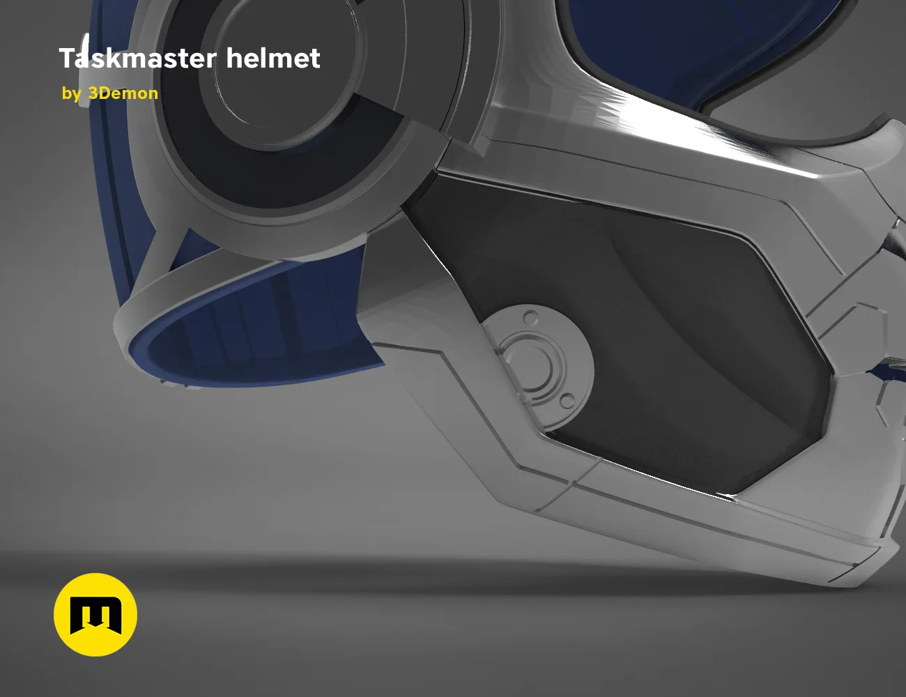 3D model render of Taskmaster helmet, side view with visor and hinge detail, 3D print cosplay prop